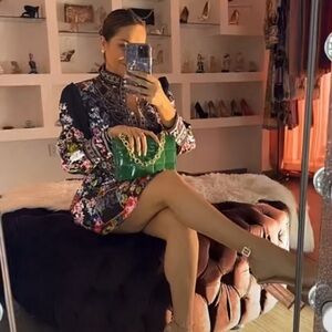 Dalia Macphee Long Sleeve floral border print shirt dress